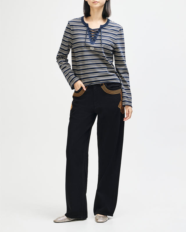 Stoppa Lace-Up Top - Navy Stripe