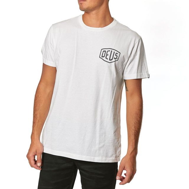 White regular fit t-shirt with chest art and address back print, 190gm oe 100% cotton jersey fabrication with a garment wash