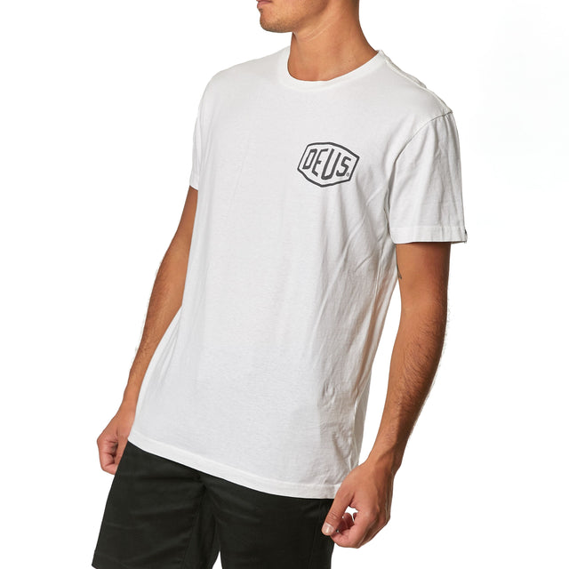 White regular fit t-shirt with chest art and address back print, 190gm oe 100% cotton jersey fabrication with a garment wash