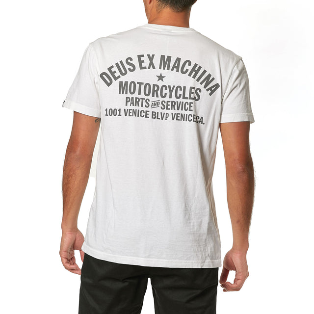 White regular fit t-shirt with chest art and address back print, 190gm oe 100% cotton jersey fabrication with a garment wash