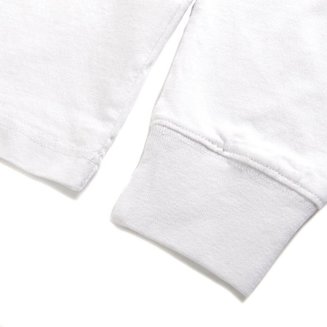 White regular fit classic l/s t-shirt with chest art and address back print, 190gm oe 100% cotton jersey fabrication with a garment wash