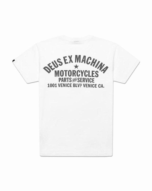 White regular fit t-shirt with chest art and address back print, 190gm oe 100% cotton jersey fabrication with a garment wash