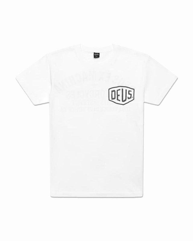 White regular fit t-shirt with chest art and address back print, 190gm oe 100% cotton jersey fabrication with a garment wash