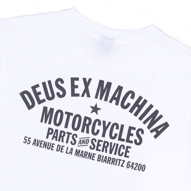 White regular fit t-shirt with chest art and address back print, 190gm oe 100% cotton jersey fabrication with a garment wash