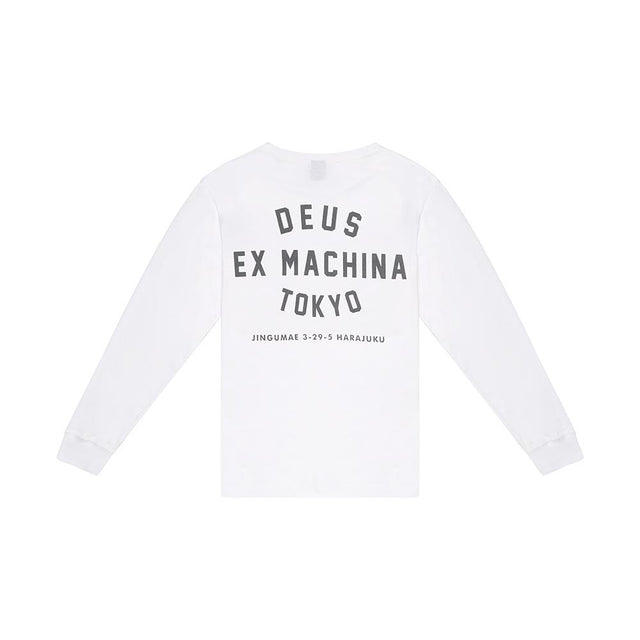 White regular fit classic l/s t-shirt with chest art and address back print, 190gm oe 100% cotton jersey fabrication with a garment wash
