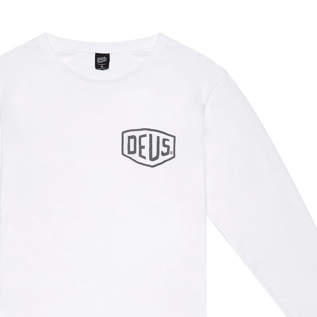 White regular fit classic l/s t-shirt with chest art and address back print, 190gm oe 100% cotton jersey fabrication with a garment wash
