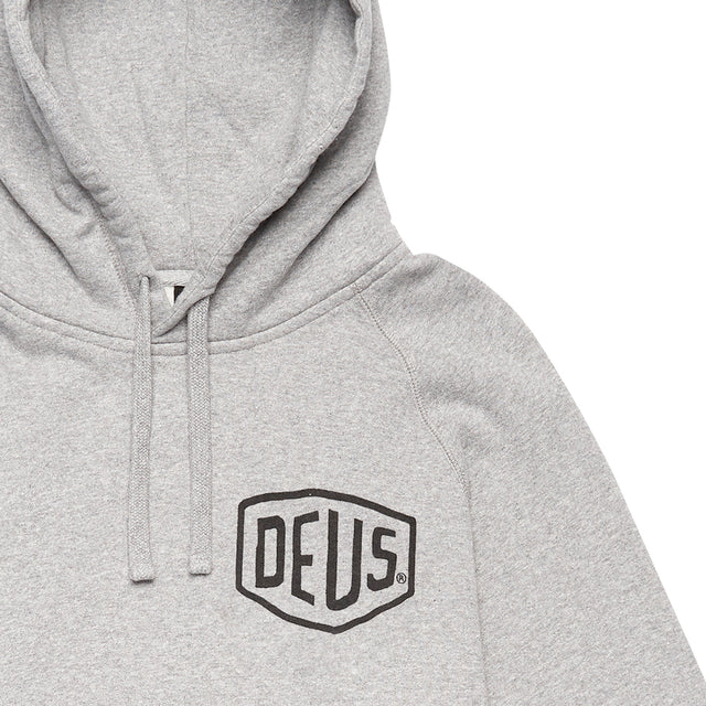 Grey regular fit classic raglan hoodie with chest art and address back print, 380gm oe 100% cotton brushed back fleece fabrication with a garment wash